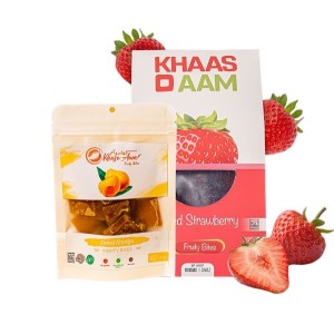 Khaso Aam Strawberry 100 Gm With Tester Mango Chausa 40gm 100% Natural Dried Straw berry Fruit Candy | Khaso Aam Premium Strawbery Fruit Bar, Aam Papa